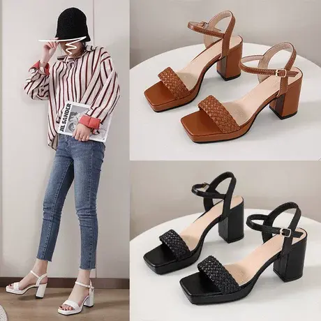 法式高跟凉鞋女夏季2023年新款粗跟性感配裙子一字扣炸街气质凉鞋商品大图