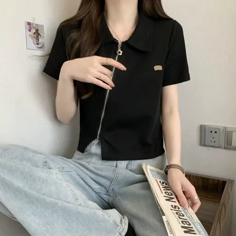 夏季大码女装不规则设计感小众正肩polo领上衣胖妹妹短袖t恤200斤商品大图