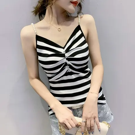 性感V领吊带女黑白条纹上衣夏季外穿无袖打底小背心网红内搭ins潮商品大图