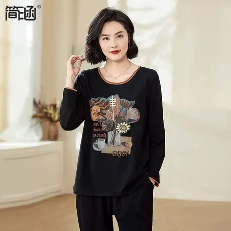 简涵大码女装2023秋装新款显瘦遮肚圆领刺绣胖mm正肩长袖T恤上衣图片