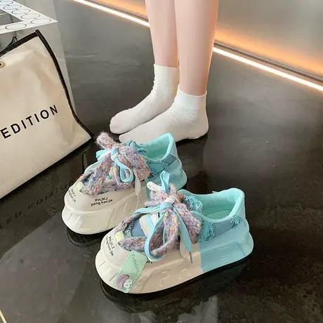 时尚休闲板鞋女2024春秋新款小众设计感面包鞋小个子厚底百搭单鞋商品大图