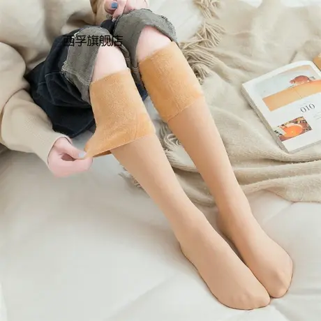 秋冬加厚加绒保暖雪地袜过膝女士高筒睡眠肉色长袜子肤色裸腿神器商品大图