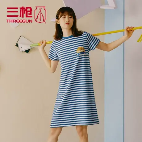 三枪全棉纯棉家居服少女女性居家条纹宽松罗纹圆领薄款70488A0图片