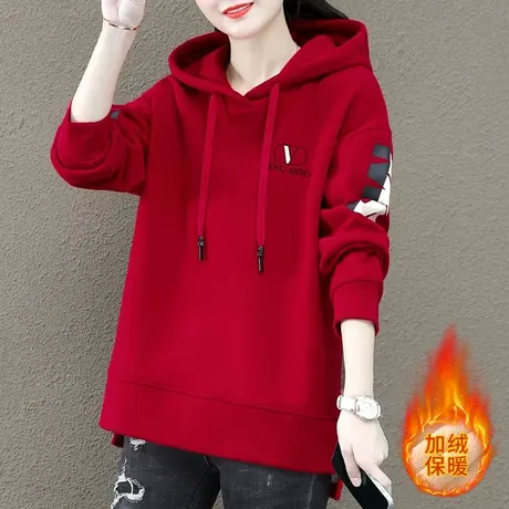 加绒卫衣女秋冬2023年新款爆款大码女装宽松遮臀上衣中厚连帽外套图片