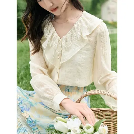 茵曼法式衬衣2023秋女装新款莱赛尔提花V领泡泡袖长袖显瘦上衣图片