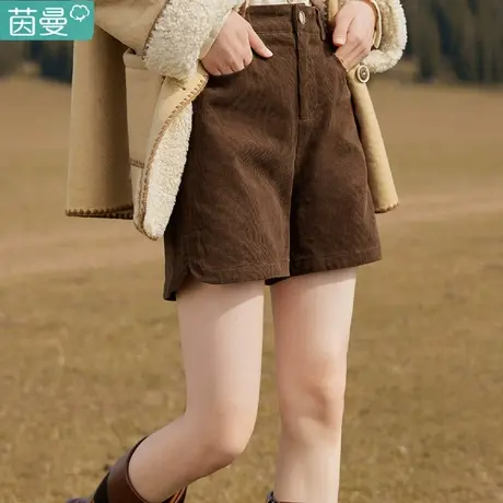 茵曼灯芯绒复古棕色短裤女2023年冬季新款高腰显瘦阔腿裤靴裤秋冬图片