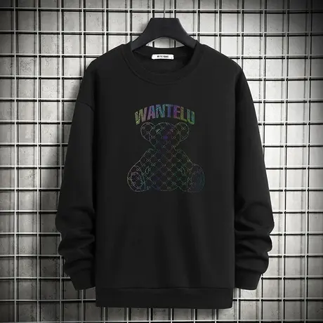 黑色卫衣男士春秋款加绒宽松潮流百搭小熊套头无帽上衣服长袖t恤商品大图