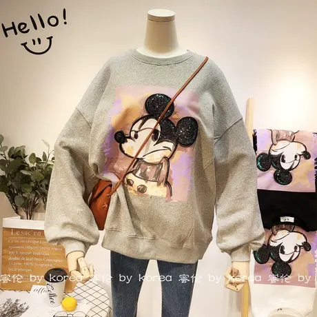 韩国东大门卫衣2020秋款刺绣亮片卡通慵懒休闲宽松毛圈棉卫衣大码商品大图