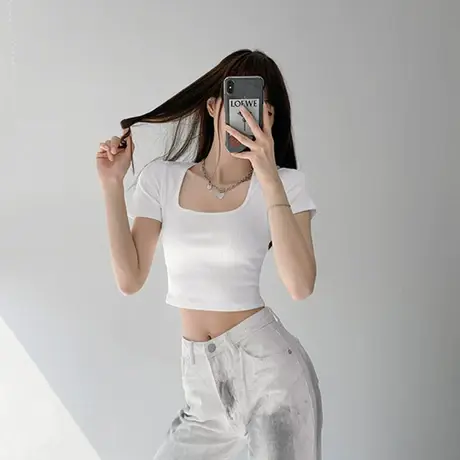 正肩短袖T恤女设计感小众夏季辣妹chic别致白色修身方领短款上衣图片