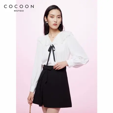 可可尼COCOON商场同款2024秋冬新款女蕾丝V领蝴蝶结长袖时尚衬衫图片