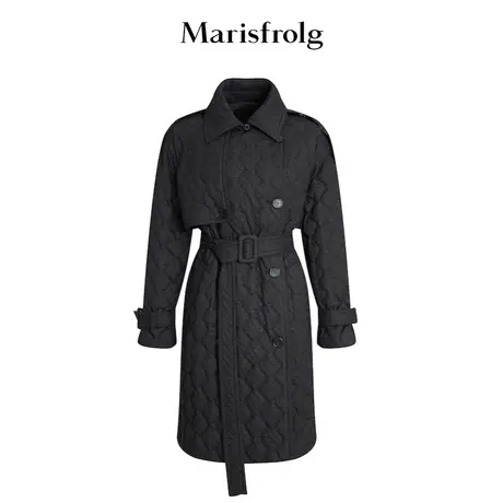 【小香外套羽绒服】玛丝菲尔冬黑色长款翻领3D压花菱格风衣羽绒服商品大图