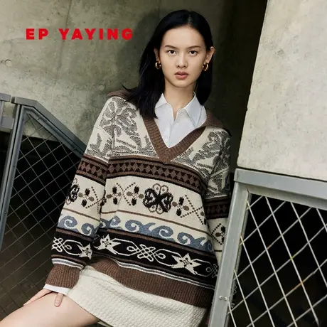 [牦牛绒]EP雅莹女装 国风提花针织羊毛叠穿V领毛衣 2023秋冬9525A商品大图