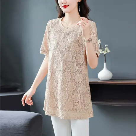 中长款蕾丝衫女夏季2023新款大码女上衣胖MM洋气减龄显瘦遮肚小衫图片