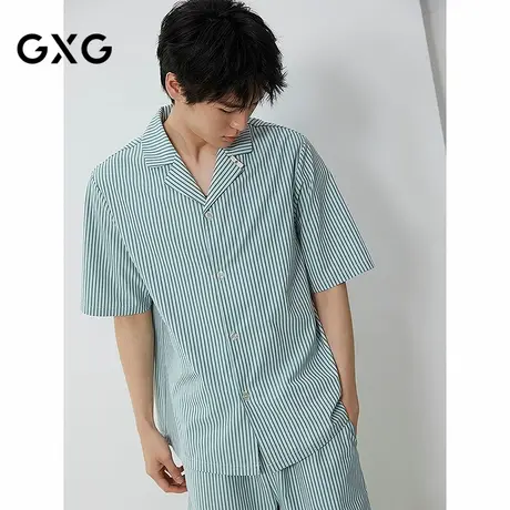 GXG男士家居服 清新绿色条纹短袖短裤睡衣套装男 25年春夏新品商品大图