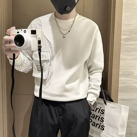 春秋季高级感条纹拼接卫衣个性百搭潮牌男装上衣休闲长袖打底体恤图片