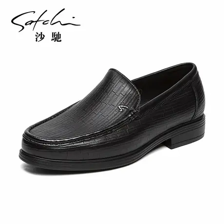 沙驰男鞋男士皮鞋休闲一脚蹬男款真皮软面软底缓震舒适正品黑色商品大图