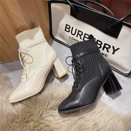 马丁靴女2022年新款秋季百搭方头粗跟短靴中跟系带高跟鞋春秋单靴图片