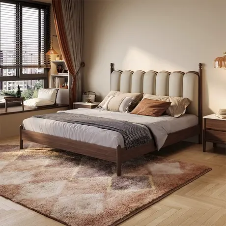 顾家家居原木法式复古全实木床美式中古风胡桃木主卧真皮双人大床商品大图