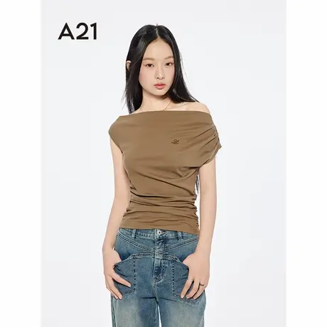 A21女装啡绿一字领露肩T恤2025夏季新款简约修身显瘦短袖薄款上衣商品大图