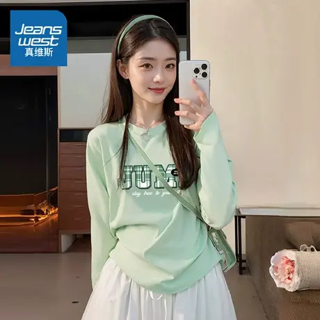 LB真维斯t恤女2025新款秋季宽松内搭大码长袖打底衫女士纯棉上衣商品大图