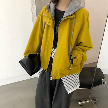 假两件拼接工装连帽外套女2025秋季新款复古宽松休闲夹克撞色上衣商品大图