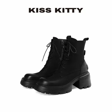 KISSKITTY25秋冬新款复古工装牛皮短靴女6.5cm增高厚底马丁靴黑色商品大图