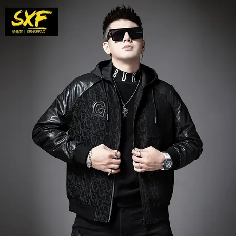 SXF圣希梵男士真皮皮衣 提花牛仔拼接刺绣连帽夹棉机车外套夹克男商品大图