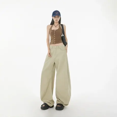 美式阔腿弯刀休闲裤女春秋新款宽松简约垂感廓形情侣款工装长裤商品大图
