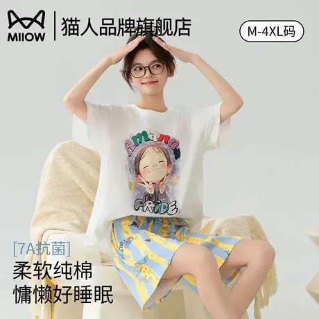 猫人纯棉睡衣女夏季卡通可爱少女短袖短裤2025新款大码家居服套装商品大图