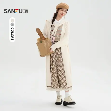 三福开衫2025冬季撞色花纹披肩宽松休闲毛衣上衣女装508891商品大图