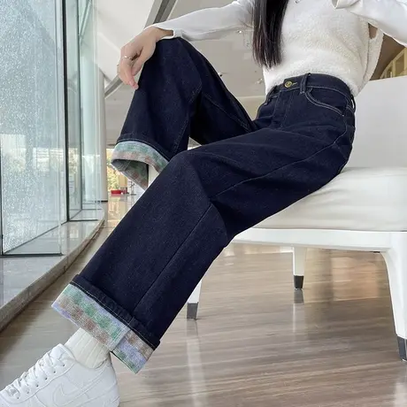 丹宁蓝加绒撞色翻边阔腿牛仔裤女冬季新款高腰宽松显瘦窄版直筒裤商品大图