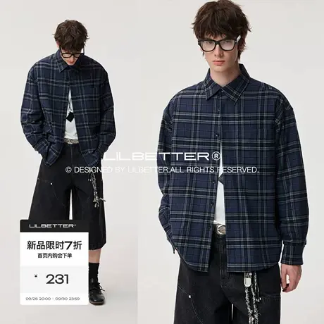 Lilbetter全棉廓形格纹磨毛长袖衬衫2025冬复古学院小方领寸衫男商品大图