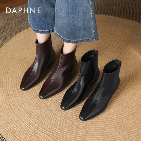 达芙妮尖头短靴女2025新款冬季加绒瘦瘦靴棕色马丁靴平底切尔西靴图片