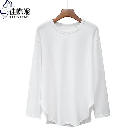 秋冬新款圆领宽松大码纯欲圆弧德绒纯色长袖体恤上衣内搭女打底衫商品大图