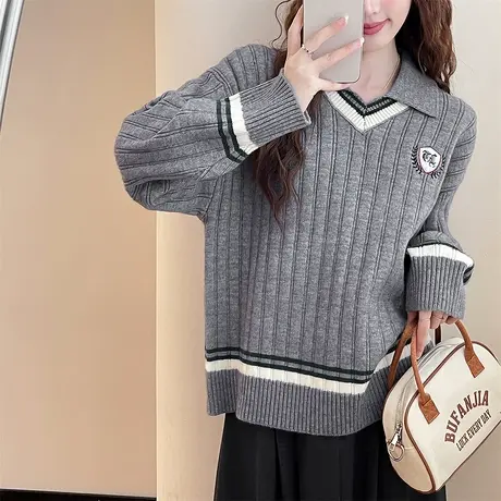 唐狮秋冬复古学院风翻领设计套头针织衫女春秋休闲百搭毛衣女tu商品大图