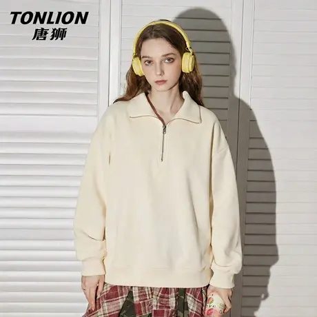 唐狮官方杏色翻领卫衣外套女春秋款2026新款女士宽松半拉链上衣VB图片