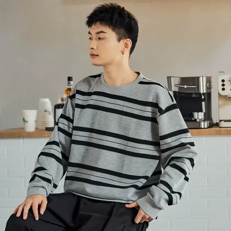 唐狮春秋新款男士卫衣圆领韩系休闲条纹无帽套头衫外穿青少年TE图片