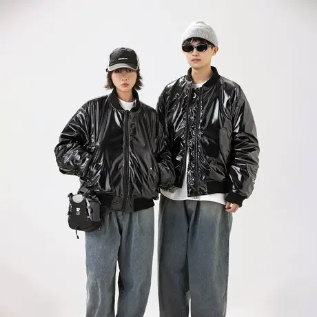 美式棒球服棉服女加厚冬季外套2023新款情侣复古宽松亮面PU皮棉衣图片