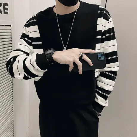 春秋季设计感个性拼接条纹休闲卫衣男小众潮流新款长袖上衣打底衫商品大图