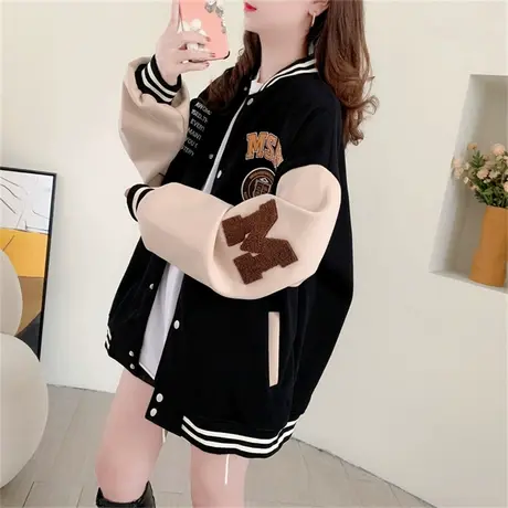 复古学院风加绒加厚棒球服卫衣女秋冬2023新款宽松休闲小个子外套商品大图