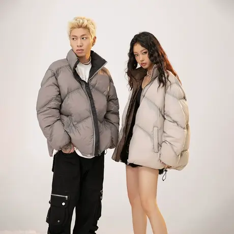 潮牌立领棉服女加厚冬季外套2023年新款情侣装复古宽松面包服棉衣商品大图