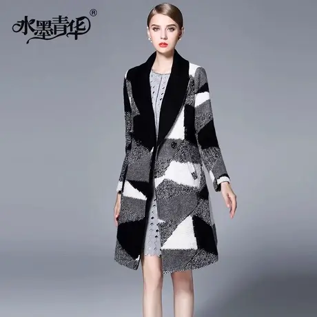 水墨青华2023冬季新款时尚经典格子拼接黑白灰女士毛呢外套商品大图