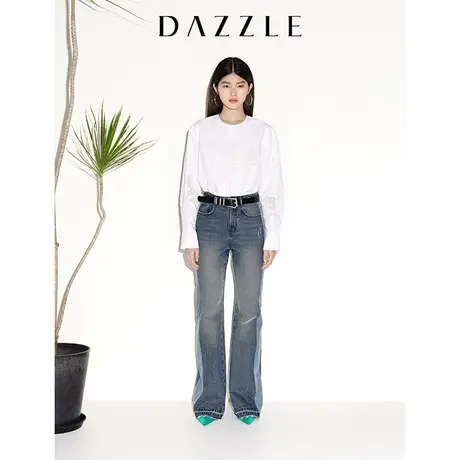 【七七酱专享】DAZZLE地素奥莱 春季侧条纹撞色毛边牛仔微喇裤裤商品大图