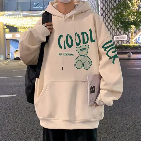 纯棉连帽卫衣男秋冬季美式宽松帽衫卡通印花2023新款港风男装上衣商品大图