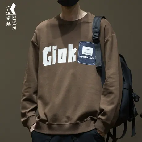 希越360g重磅卫衣男士秋冬设计感字母贴布圆领打底衫宽松大码男装商品大图