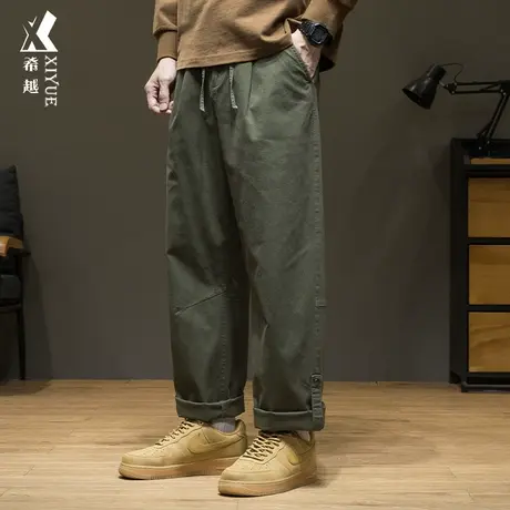 希越军绿色男士休闲直筒裤秋冬季宽松大码纯色日系百搭工装长裤子商品大图