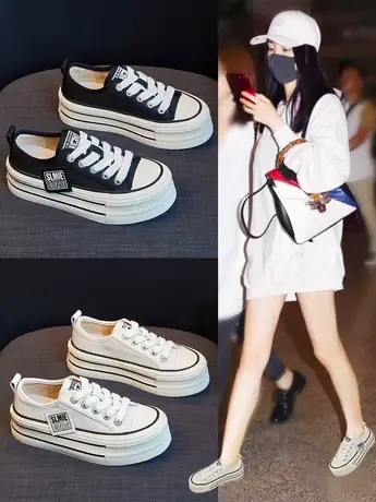 厚底小白帆布板鞋女春款ins潮2023年新款夏季透气小众百搭休闲鞋商品大图