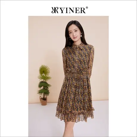 YINER音儿女装2023春季新款贝色钉珠印花连衣裙图片
