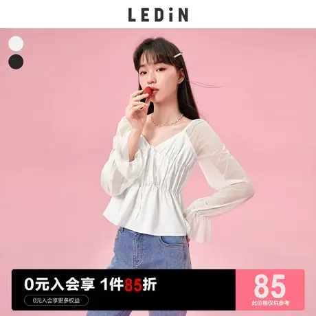 乐町纯欲V领上衣休闲秋季新款洋气小衫女宽松白色雪纺衫超仙图片