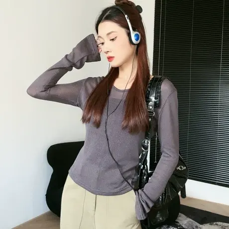 初秋v领短款t恤女2023新款设计感小众温柔显瘦透视薄纱长袖上衣商品大图